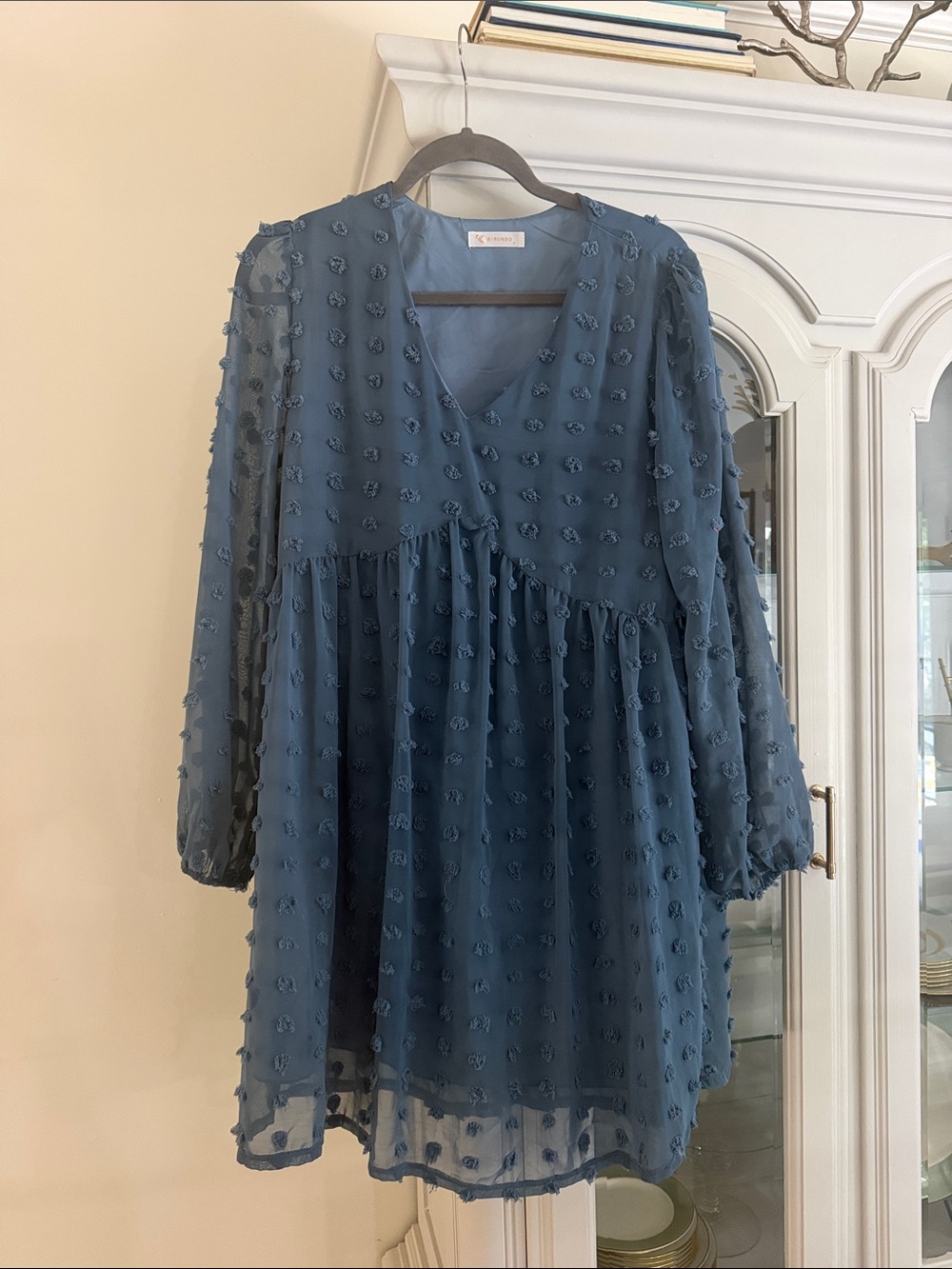 Women's Long Sleeve V-Neck Navy Blue Textured Dress